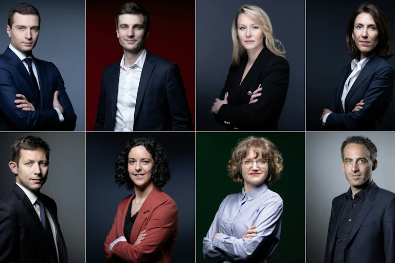 Les candidats français têtes de liste aux prochaines élections européennes (de gauche à droite, de haut en bas) : Jordan Bardella (Rassemblement National), Léon Deffontaines (Parti communiste français), Marion Maréchal («Reconquete ! »), Valérie Hayer (Renaissance, Modem et Horizons), François-Xavier Bellamy («Les Républicains»), Manon Aubry («La France Insoumise»), Marie Toussaint, («Europe Ecologie - Les Verts») et Raphaël Glucksmann («Place Publique» et du Parti socialiste).