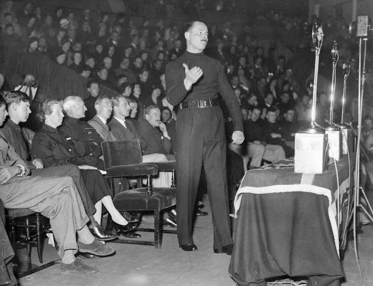 Oswald Mosley addressing a crowd at the Royal Albert Hall