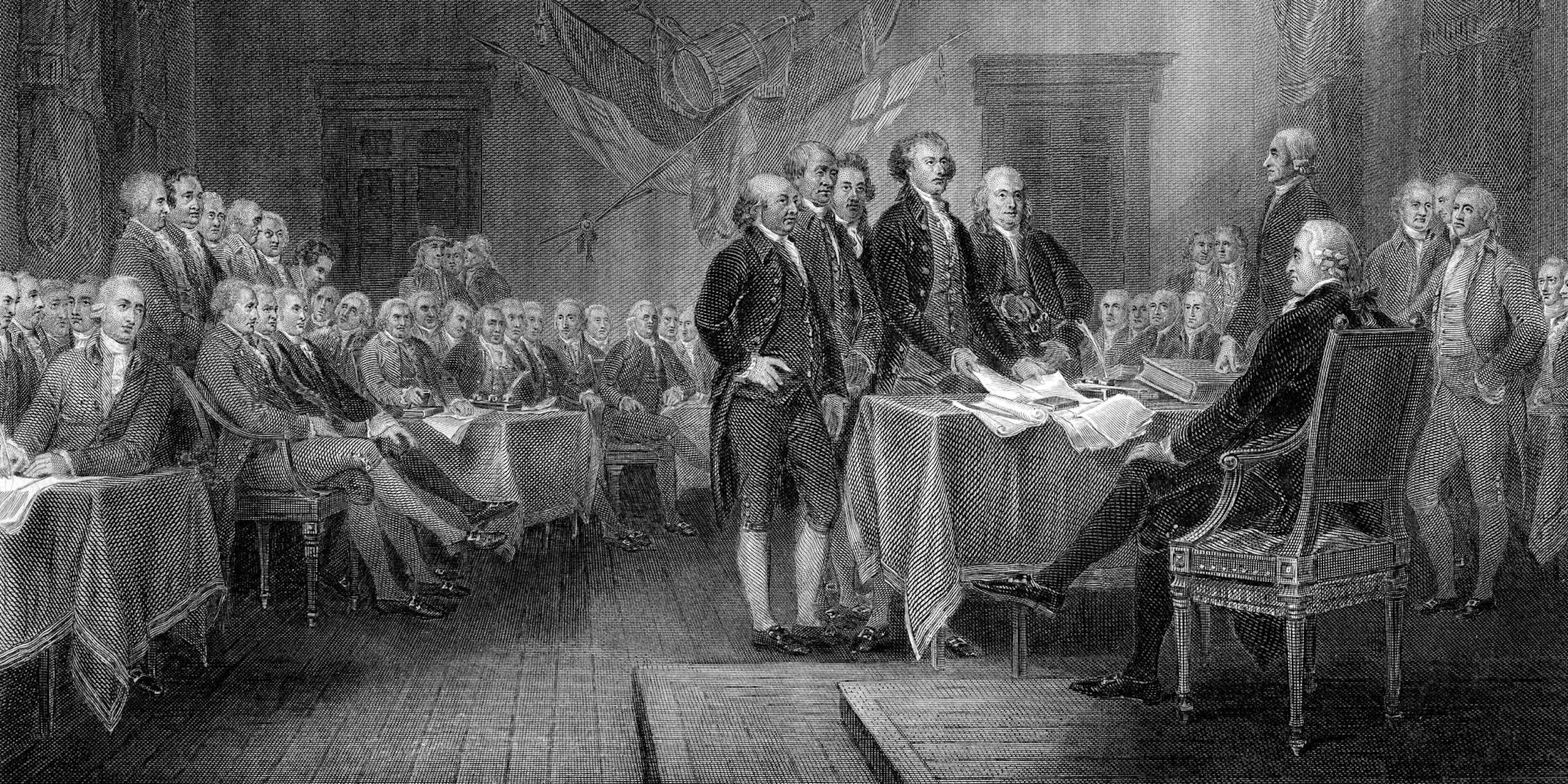A steel engraving shows the Second Continental Congress adopting the Declaration of Independence on July 4, 1776.