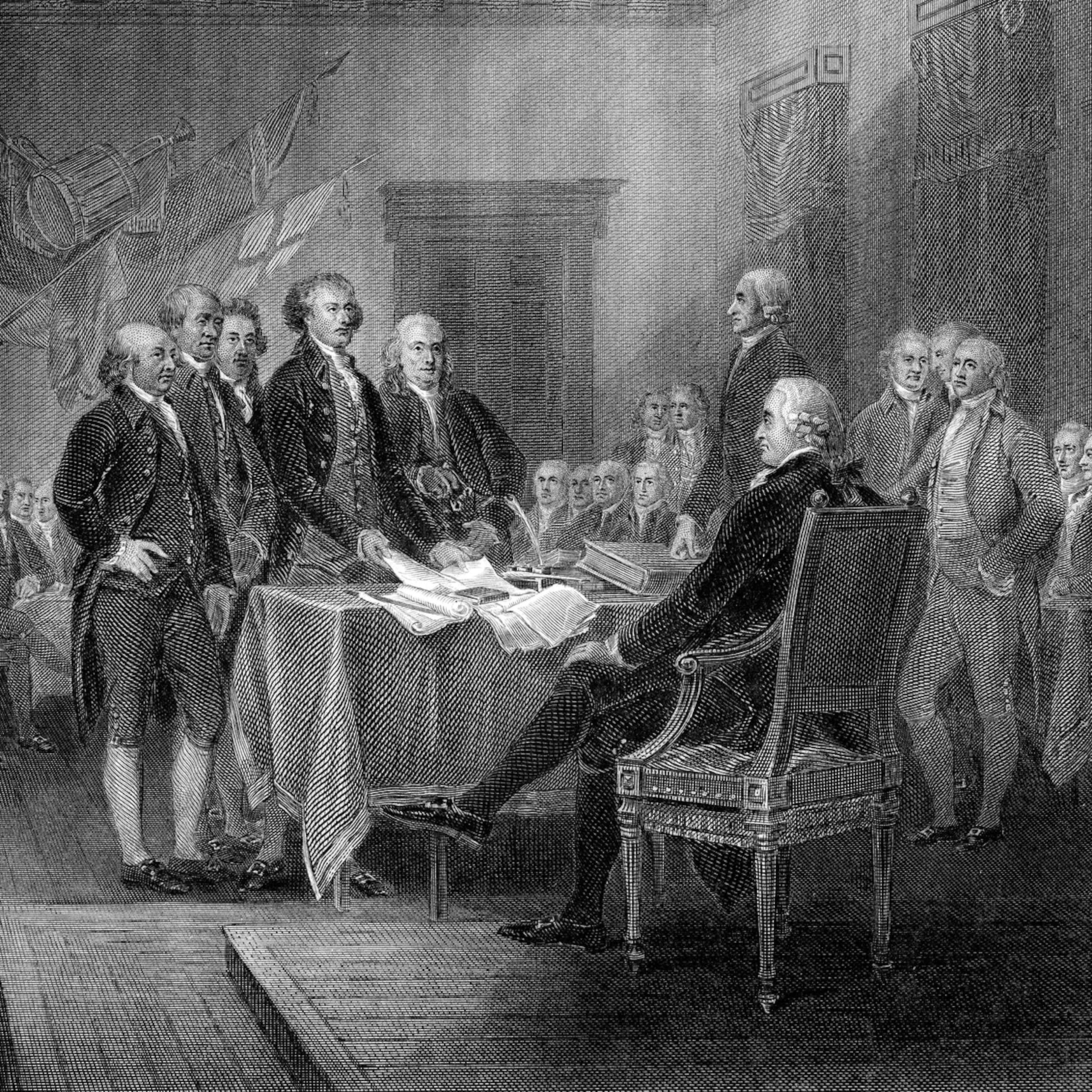 A steel engraving shows the Second Continental Congress adopting the Declaration of Independence on July 4, 1776.