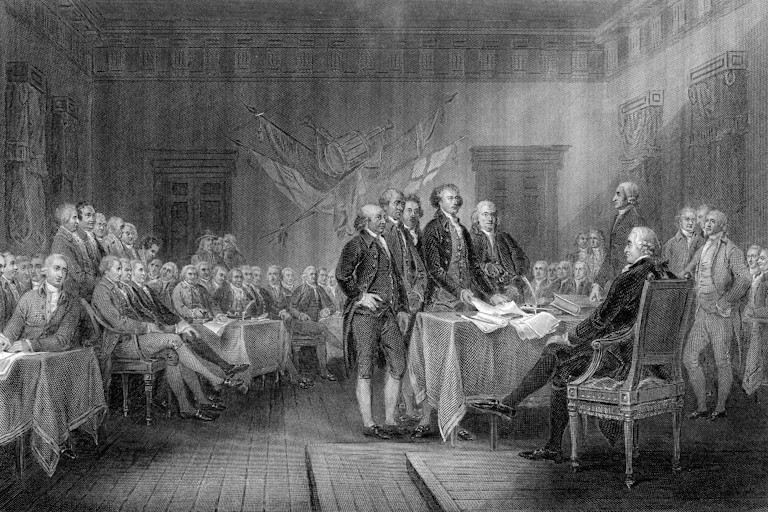 A steel engraving shows the Second Continental Congress adopting the Declaration of Independence on July 4, 1776.