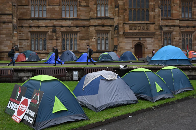 A row of tends outside the Main Quadrangle building at Sydney University.