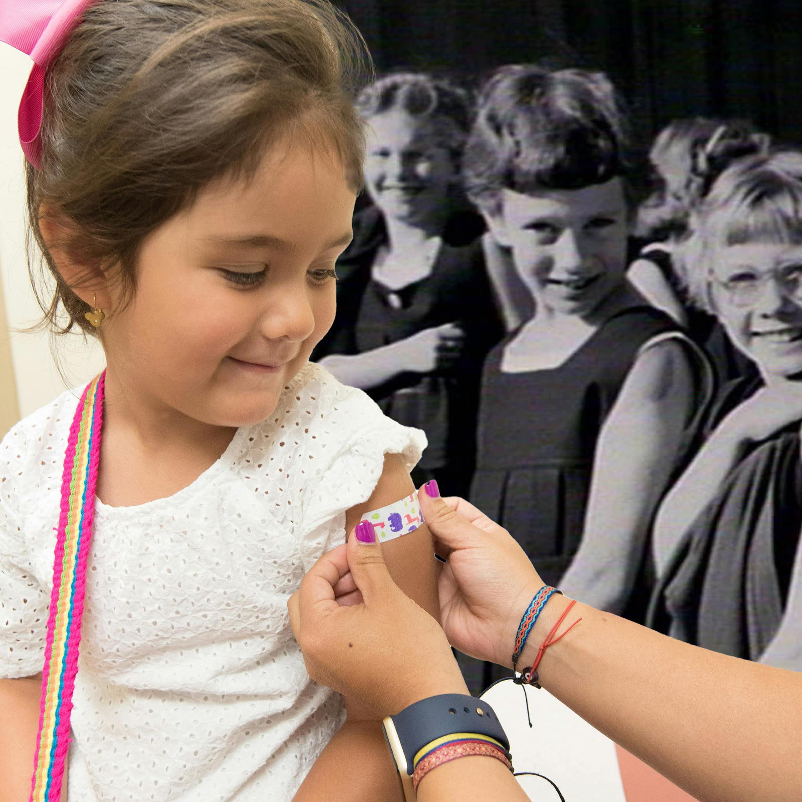 Girl getting vaccinated on left, with a group of girls showing their arms from the anti-polio vaccination at Randwick Girls School