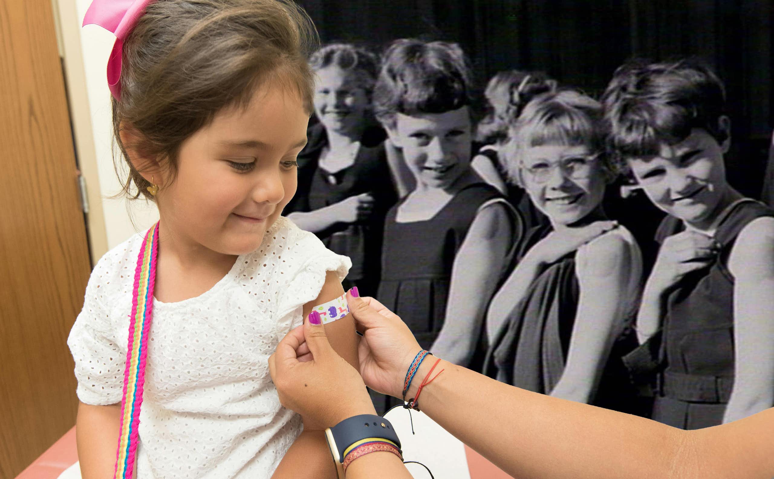 Girl getting vaccinated on left, with a group of girls showing their arms from the anti-polio vaccination at Randwick Girls School