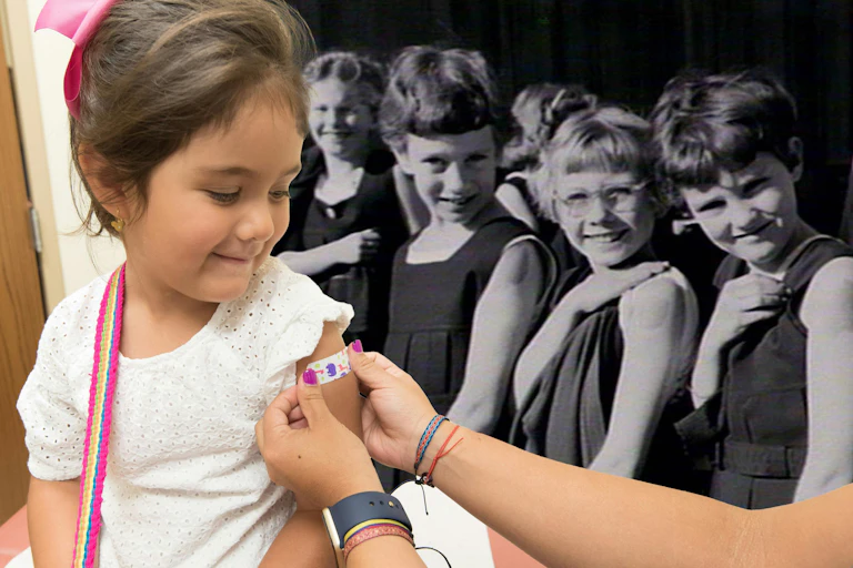 Girl getting vaccinated on left, with a group of girls showing their arms from the anti-polio vaccination at Randwick Girls School