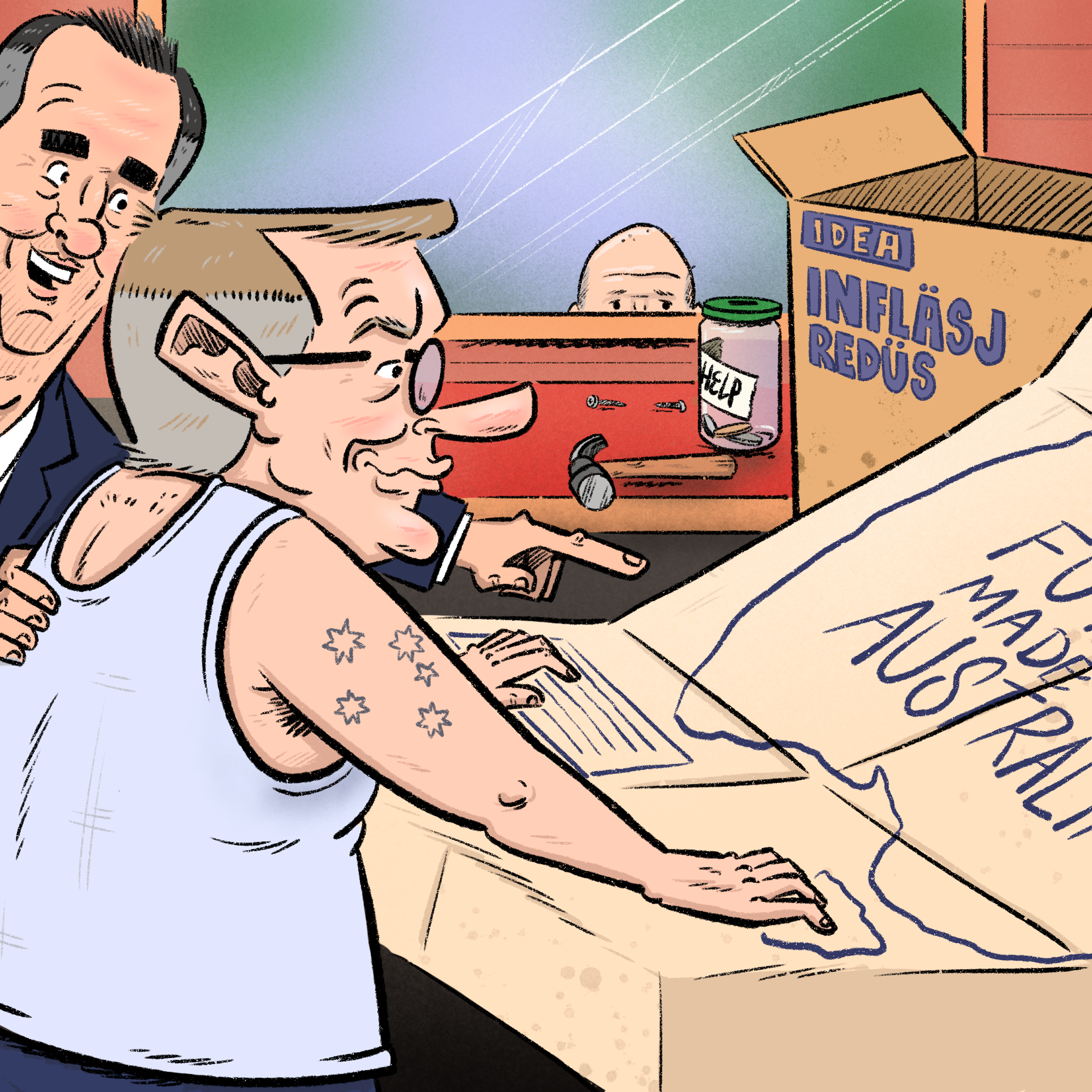 Wes Mountain cartoon of treasurer, prime minister and finance minister trying to asseumble an Ikea kit whose box is lablelled Future Made In Australia 