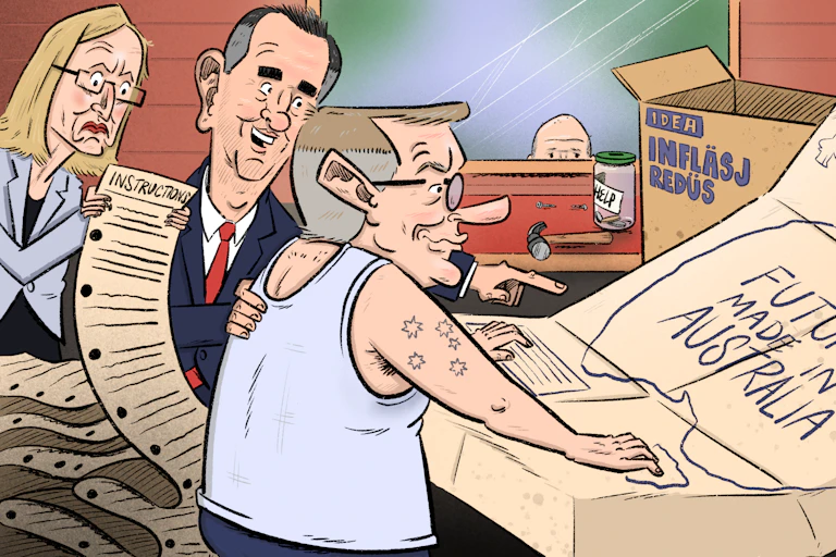 Wes Mountain cartoon of treasurer, prime minister and finance minister trying to asseumble an Ikea kit whose box is lablelled Future Made In Australia