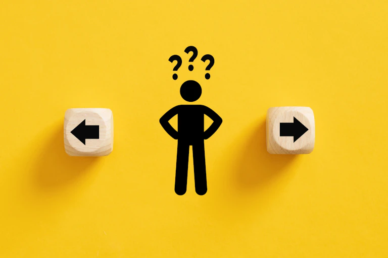 Illustration of man choosing to go left or right