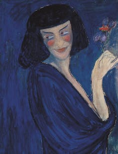 Painting of a dancer in a blue dress holding a flower.