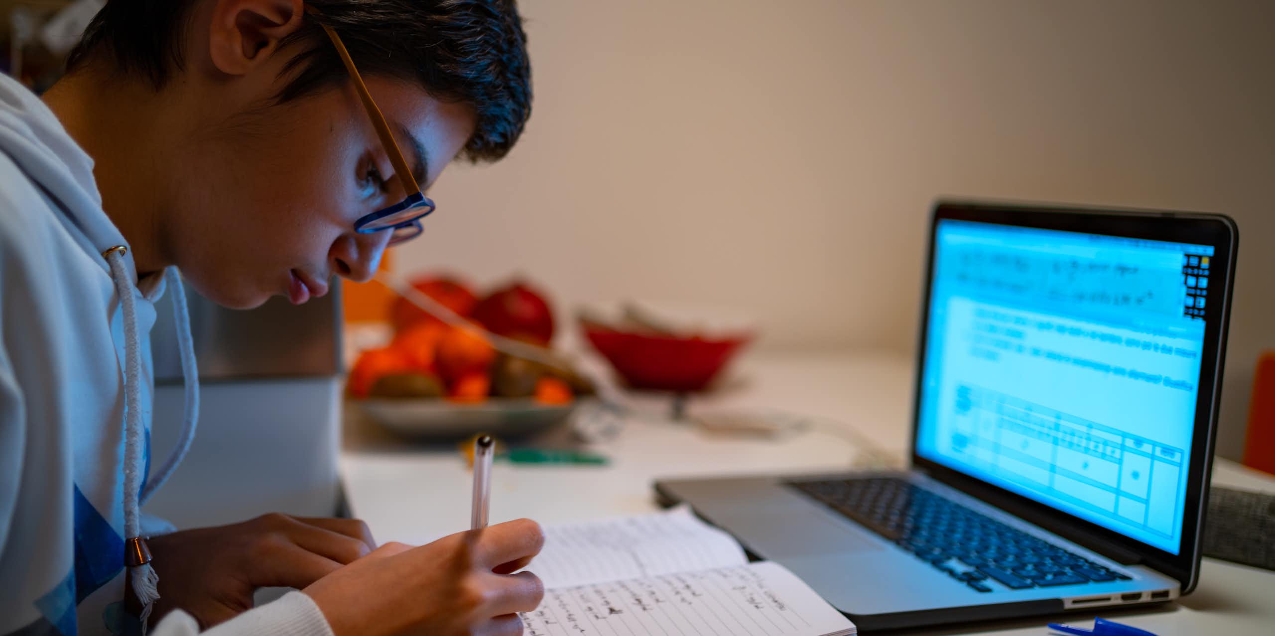Teen boy studying taking notes from laptop