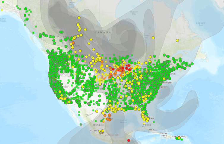 A map of North America shows wildfire smoke from fires in western Canada, with resulting smoky air in the northern Great Plains and Great Lakes region.