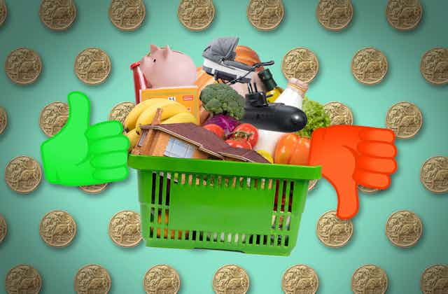 A composite image of a basket of graceries with a piggy bank, house, submarine and pram stacked amongst the vegetables with a thumbs up and thumbs down on the sides