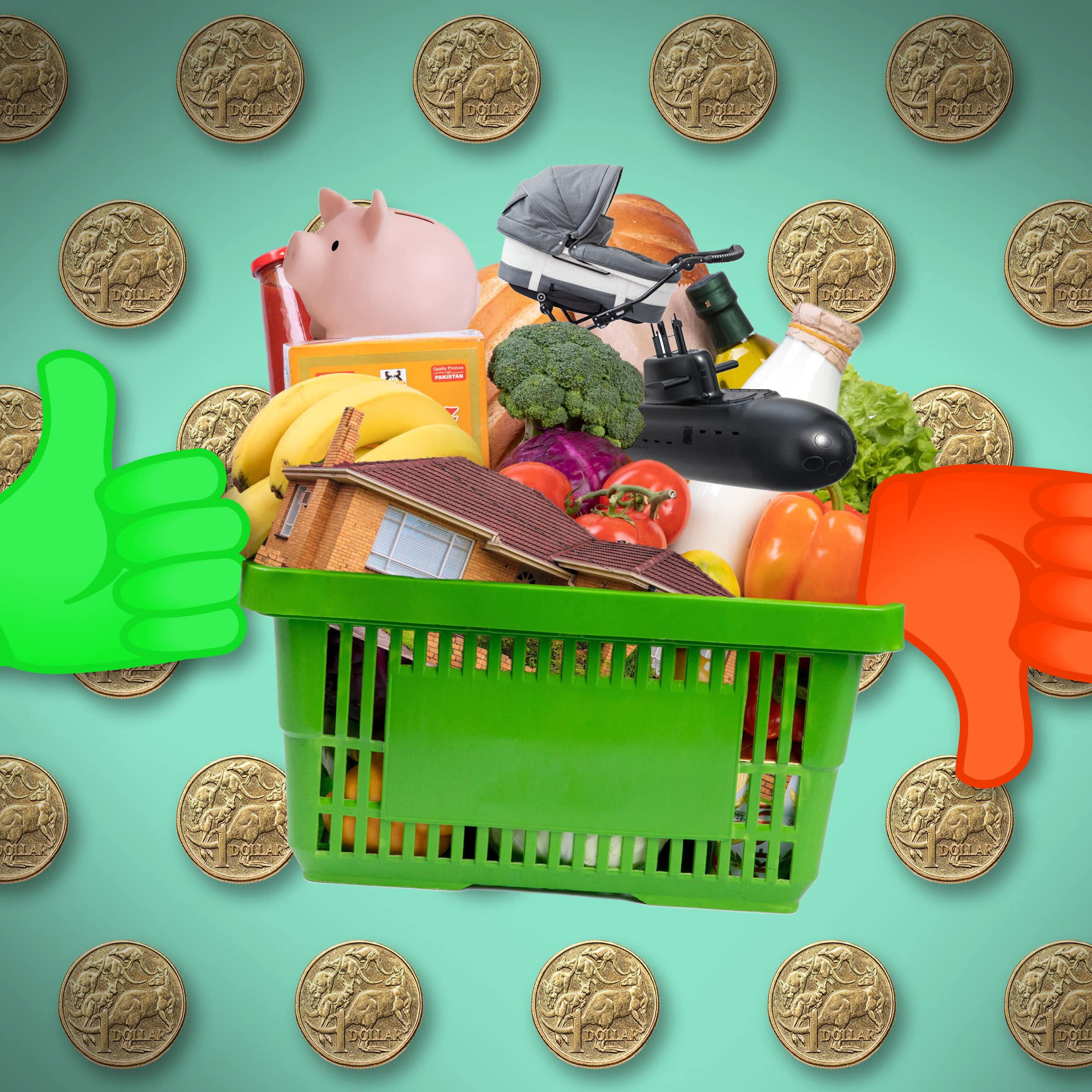 A composite image of a basket of graceries with a piggy bank, house, submarine and pram stacked amongst the vegetables with a thumbs up and thumbs down on the sides