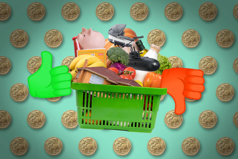 A composite image of a basket of graceries with a piggy bank, house, submarine and pram stacked amongst the vegetables with a thumbs up and thumbs down on the sides
