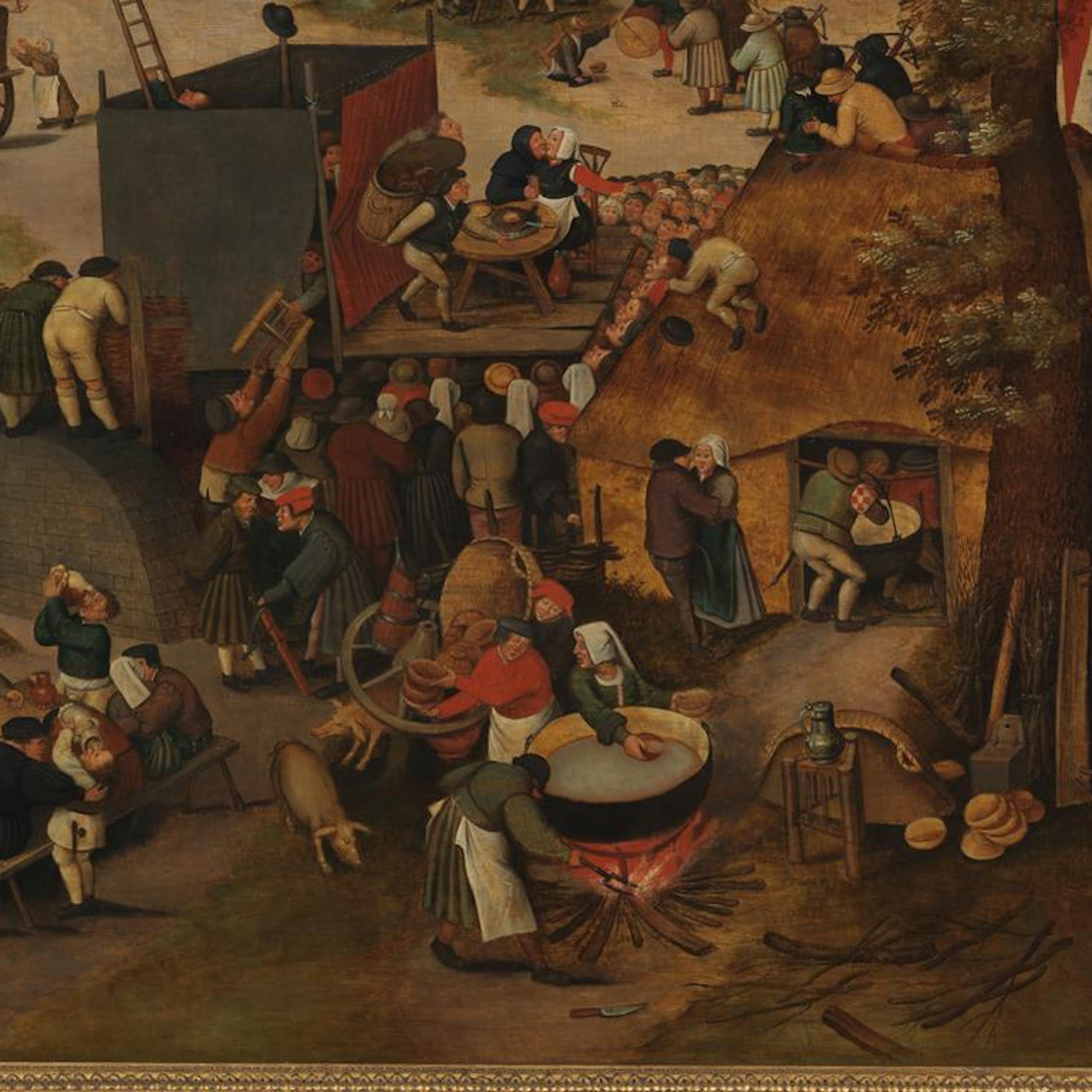 A painting of people in a village putting on a play.