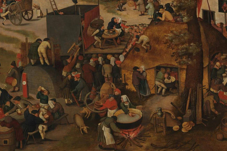 A painting of people in a village putting on a play.