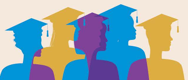Purple, blue and gold silhouettes of people wearing graduation caps with tassels.
