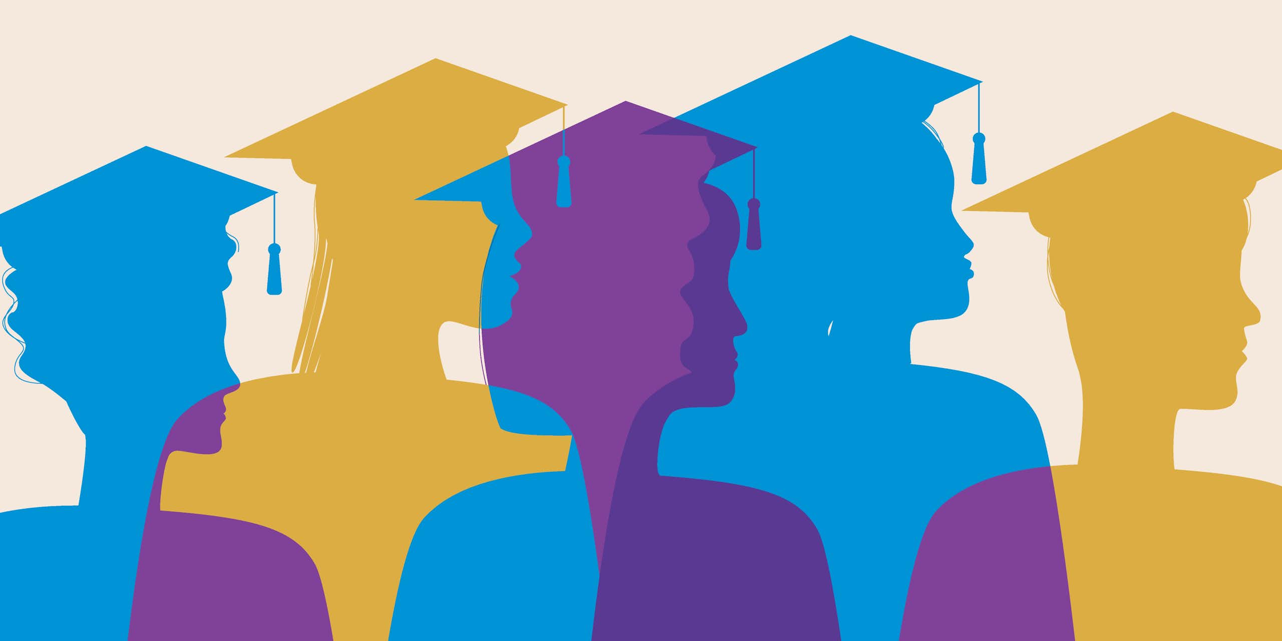 Purple, blue and gold silhouettes of people wearing graduation caps with tassels.