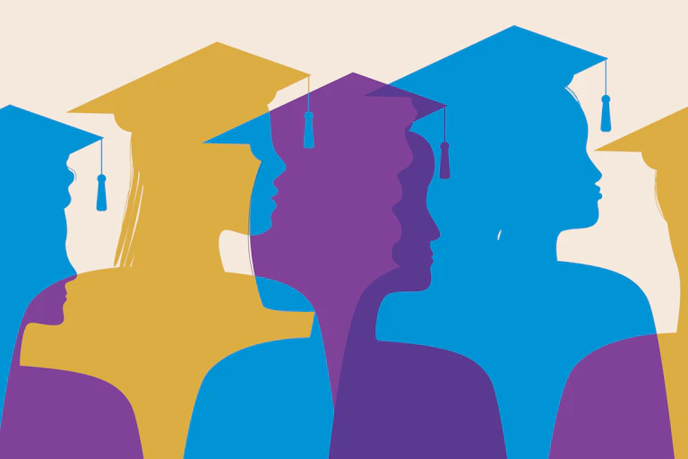 Purple, blue and gold silhouettes of people wearing graduation caps with tassels.