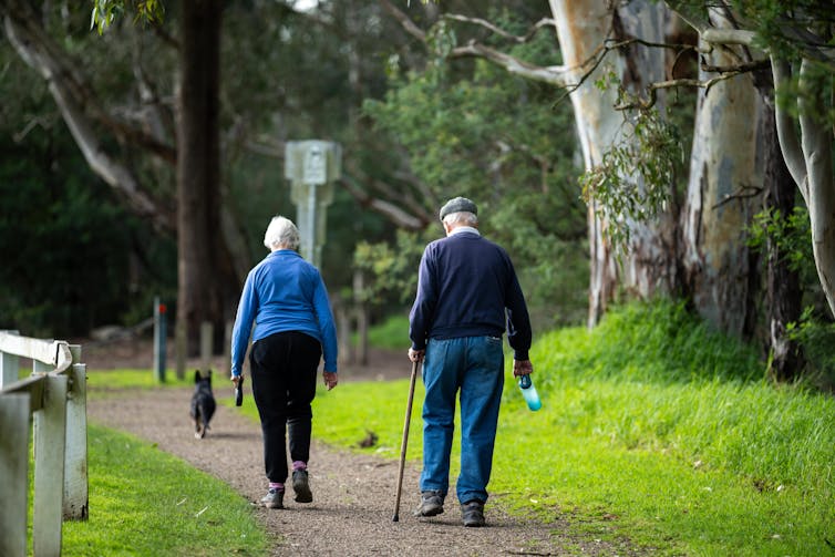 Une femme et un homme âgé s’aidant d’une canne marchent derrière un chien, sur un chemin dans la nature
