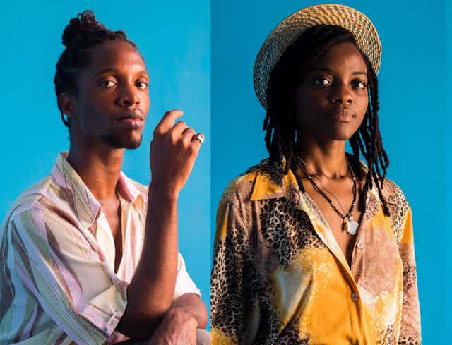 Photographs of three young Africans against a blue backdrop, slight smiles on their lips and proud postures.