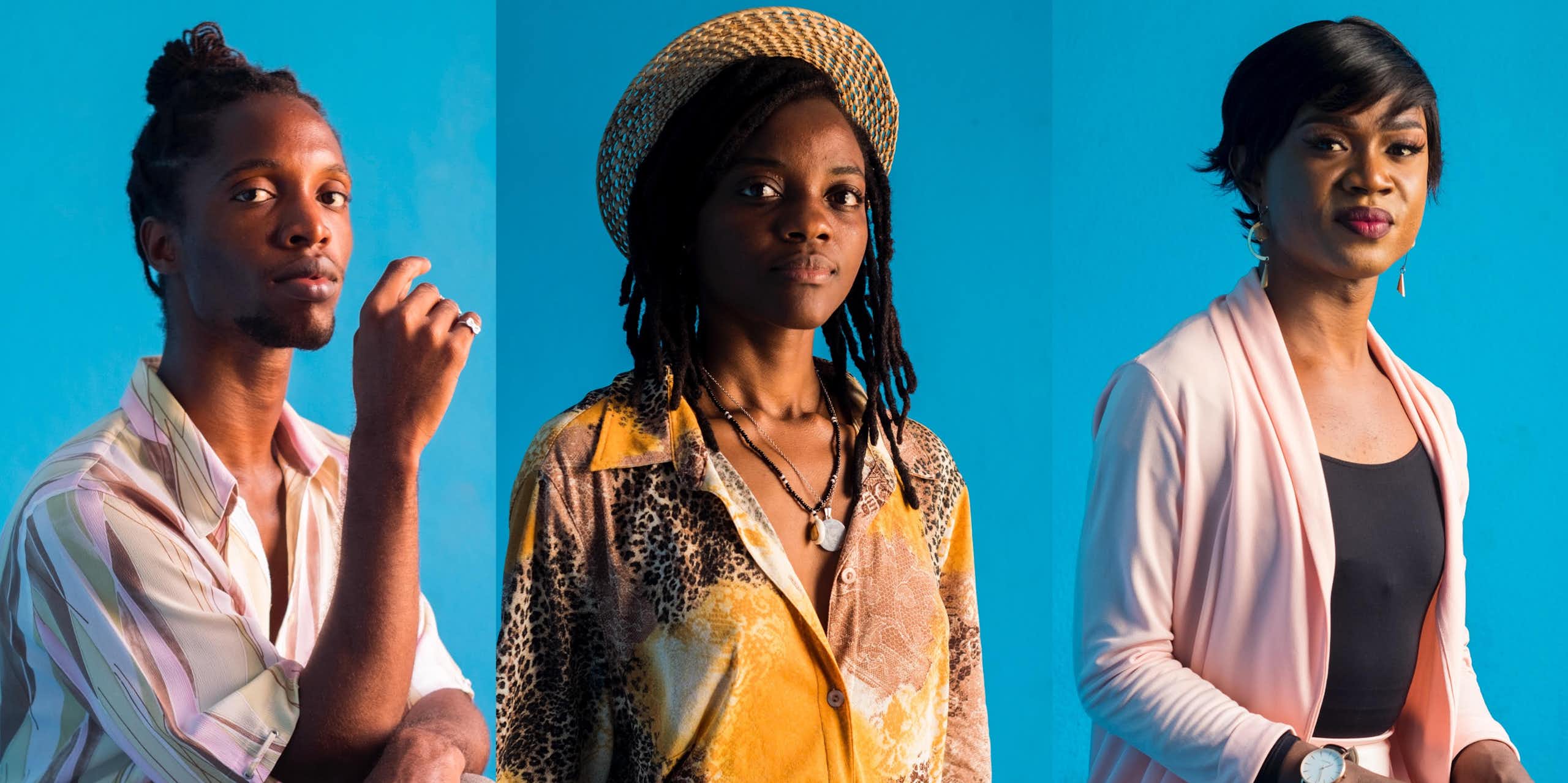 Photographs of three young Africans against a blue backdrop, slight smiles on their lips and proud postures.