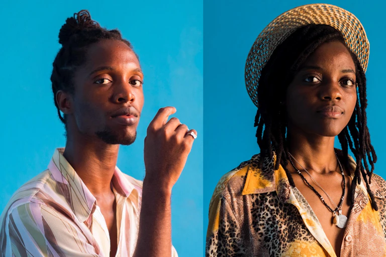 Photographs of three young Africans against a blue backdrop, slight smiles on their lips and proud postures.