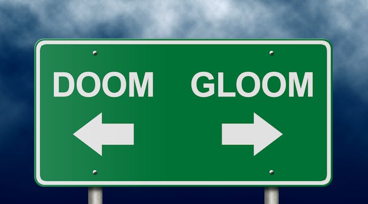 Sign pointing left to 'doom' and right to 'gloom'.