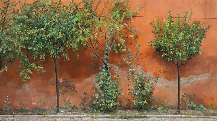 _Jardín_, 1966. Isabel Quintanilla Óleo sobre tabla, 122 × 217 cm.