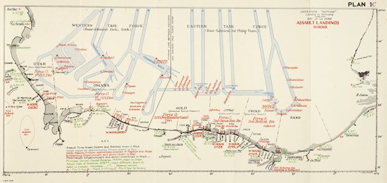 A map labeling military units and geographic locations in the Normandy landings.