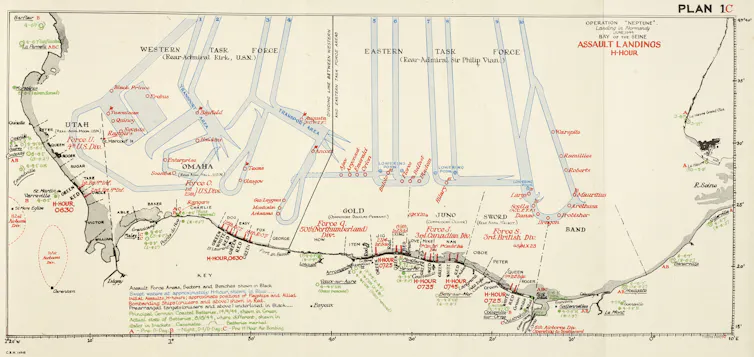 A map labeling military units and geographic locations in the Normandy landings.
