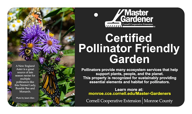 A sign indicates that a garden is certified pollinator-friendly.