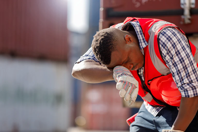 A man in hi-vis vest feeling the heat