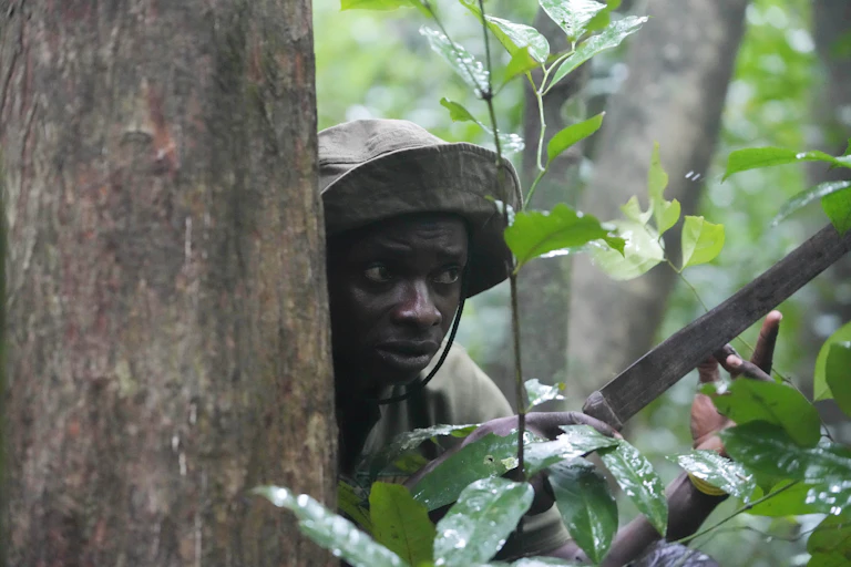 A man with a sword stands behind a tree.