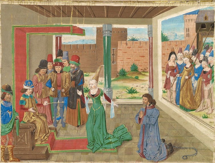 A medieval painting of people in courtly clothing standing in front of a man on a throne while another man and a woman kneel before him.