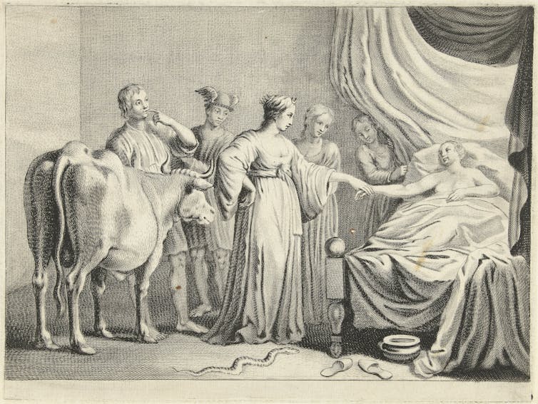A black and white illustration of a few people standing around a woman in bed, including a person in a dress who holds her hand.