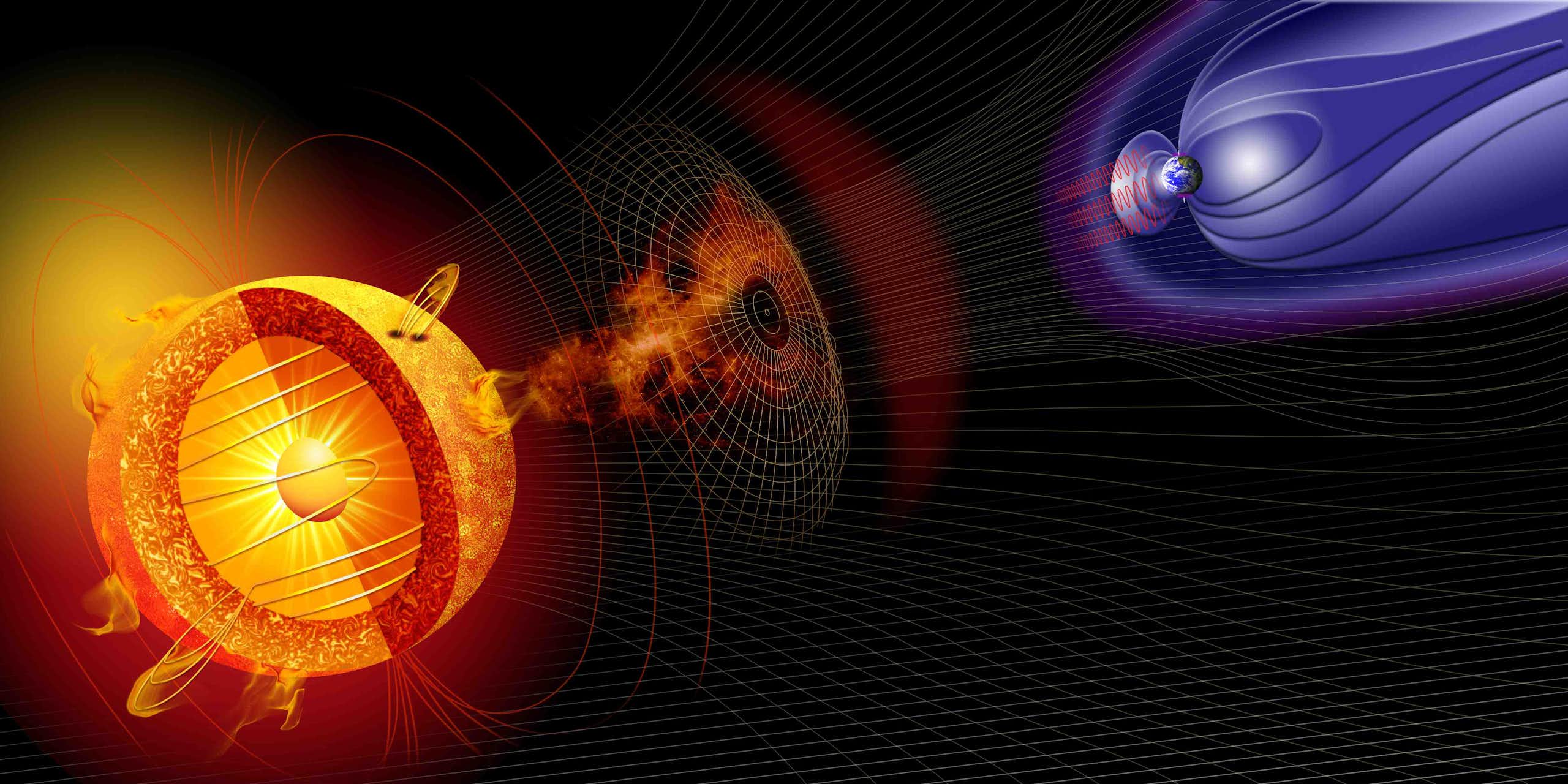Ilustração de uma tempestade solar rumo à Terra