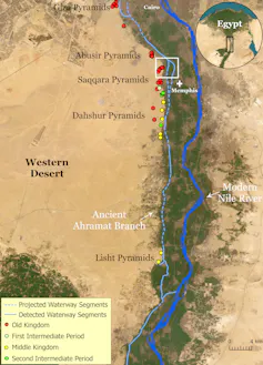A satellite photo of a section of the Nile river, showing the path of the now-vanished Ahramat branch and the pyramids dotted along it.
