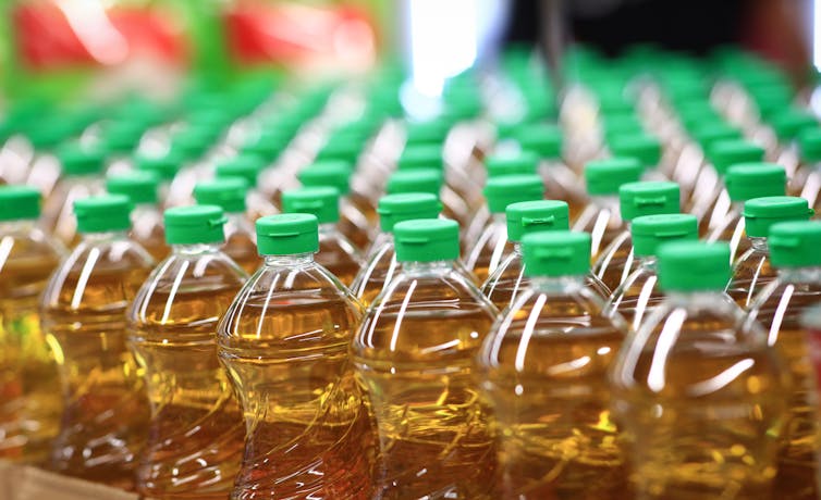 Rows of vegetable oil bottles