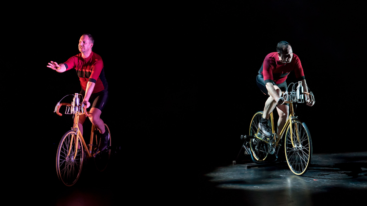 Two photos of the same man on a bicycle, so it looks like they ride side-by-side.