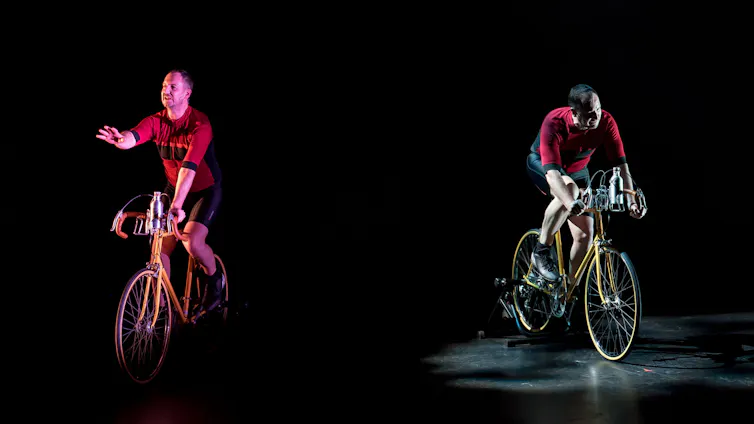 Two photos of the same man on a bicycle, so it looks like they ride side-by-side.
