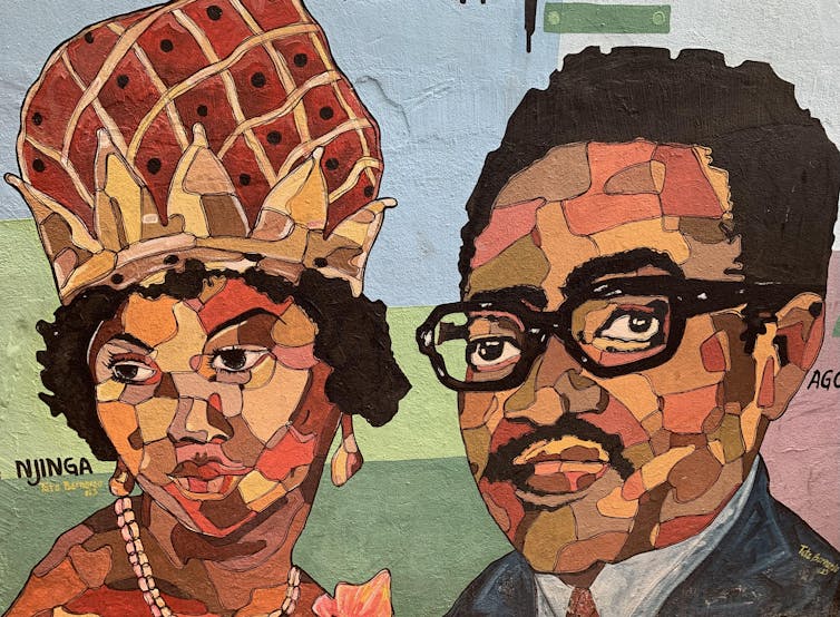 A mural illustrating two figures, a woman wearing a crown and a man in glasses.