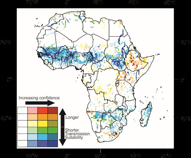 A map of the African continent alongside a colour key that shows climatic susceptibility to malaria