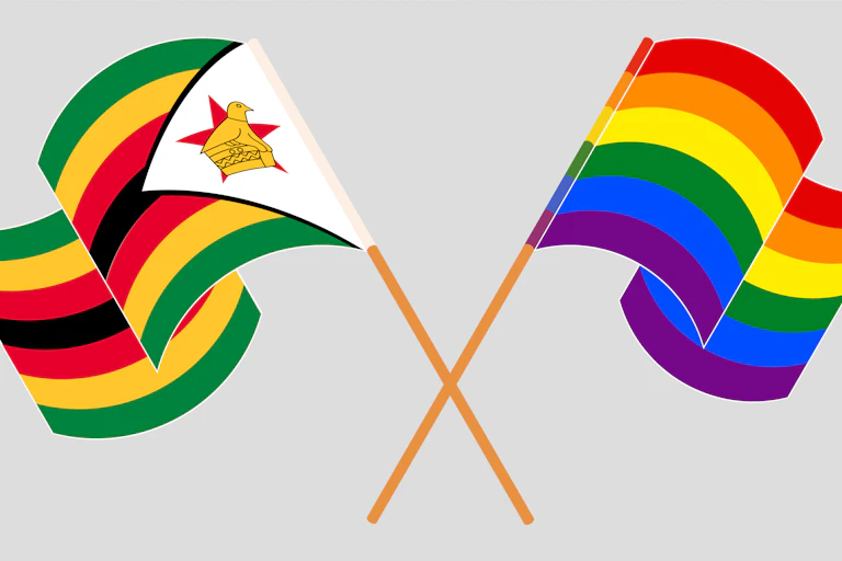 An illustration of two flags, crossed at their bases, one a Zimbabwean flag and the other a rainbow flag.