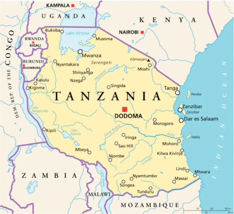 A stock photo showing Tanzania's political map