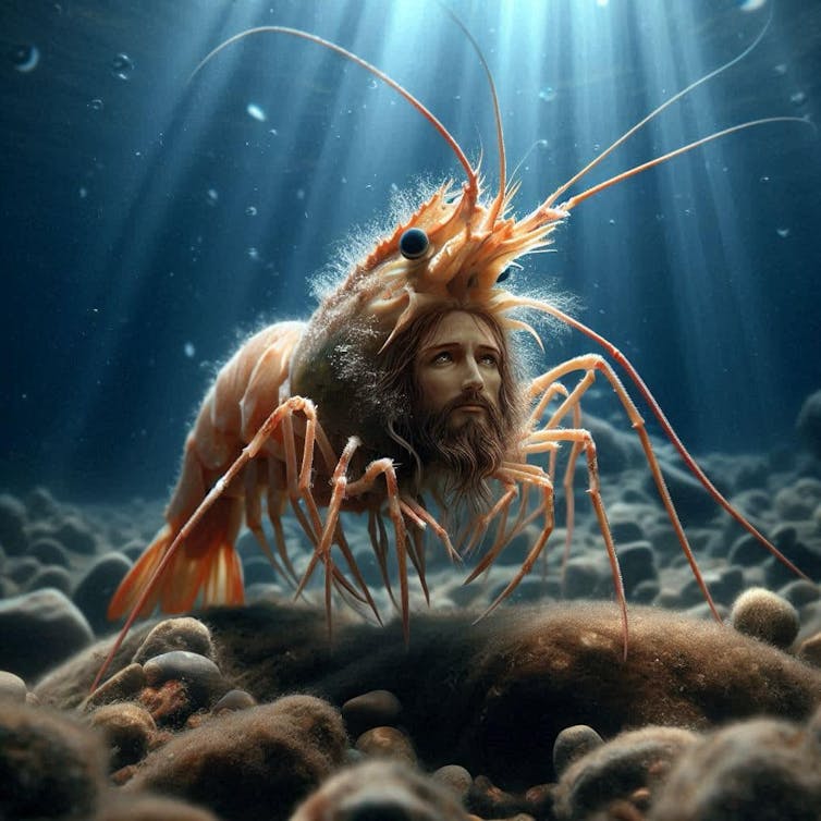 A hyperrealistic image of a mantis shrimp with the face of jesus on it.