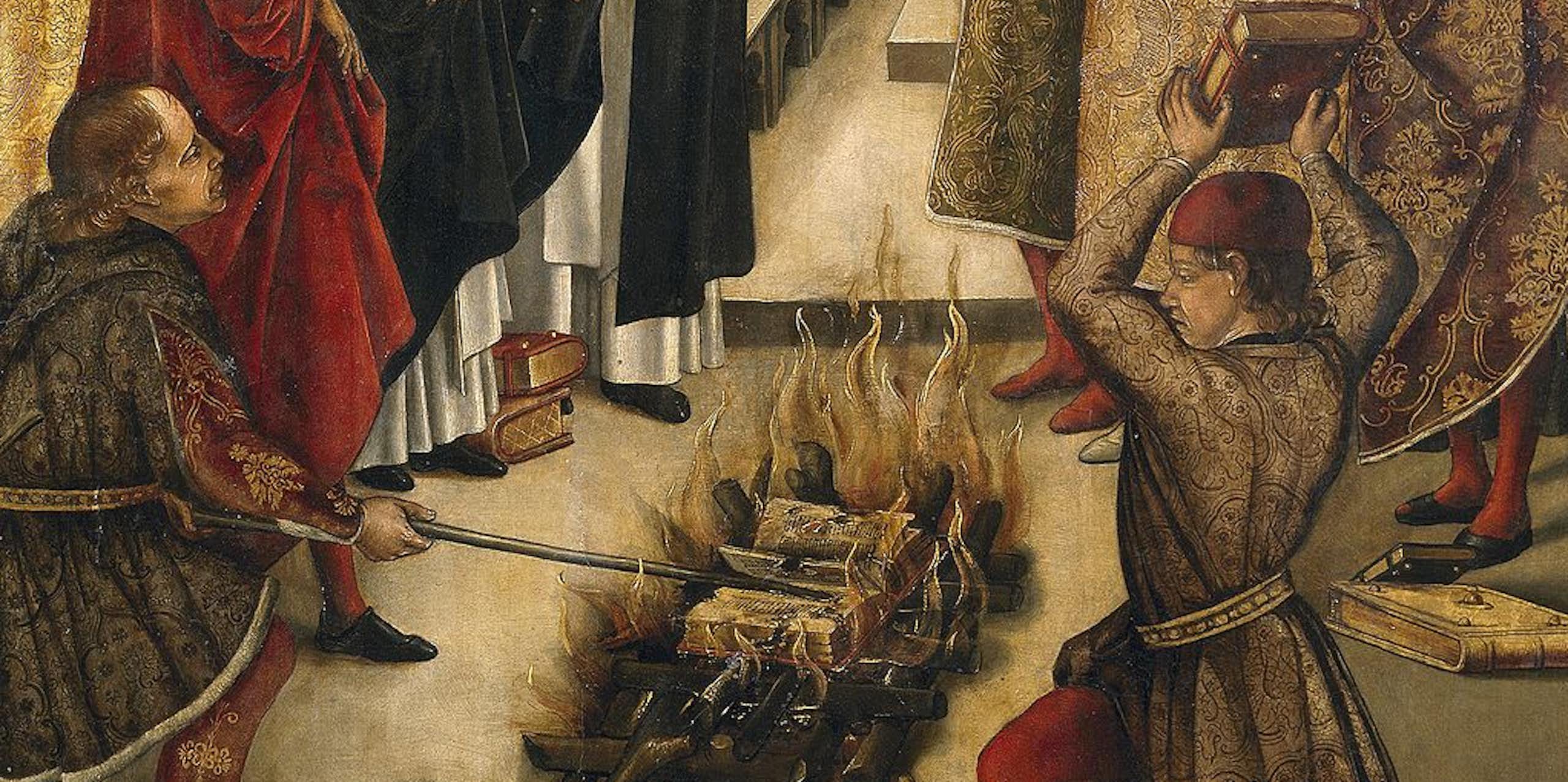 A faded painting shows two men in medieval clothing casting books into a small fire.