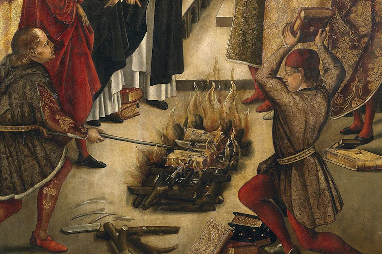 A faded painting shows two men in medieval clothing casting books into a small fire.