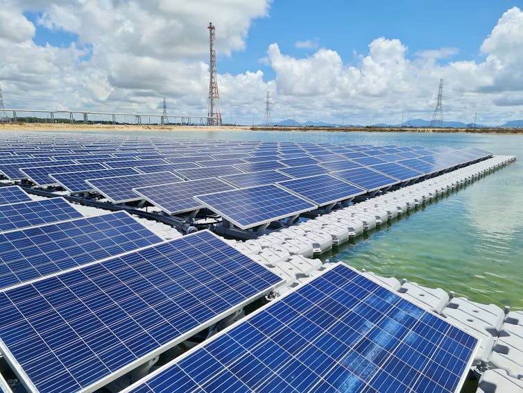 Floating solar panels on a lake.
