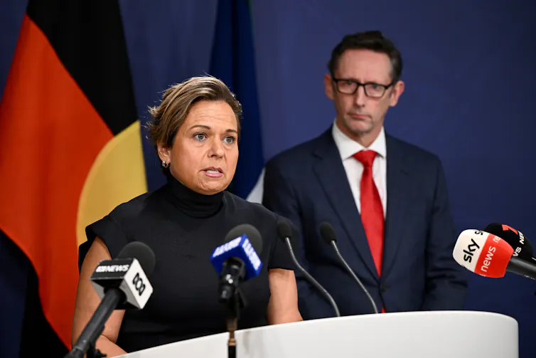 A woman and a man stand behind a lectern and speak in a press conference